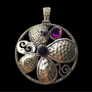 Floral Round Necklace Pendant With Rhinestone Accents In Silver & Purple